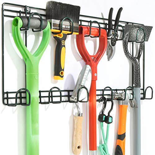 BERGMAN Double Garden Tool Rack - Wall Mounted Tool Holder, Hanging Rack with 11 hooks for your Shed or Garage