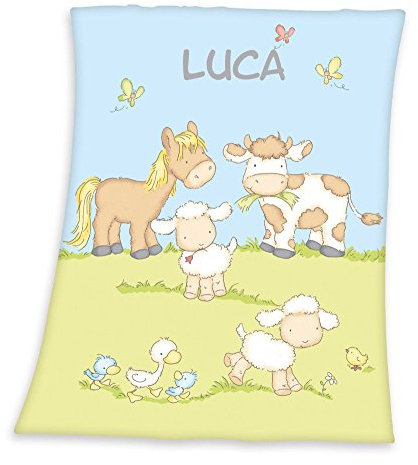 Babydecke mit Namen personalisiert - Motiv Bauernhof - besticktes Geschenk für Mädchen und Junge