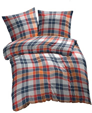 ETÉREA Bettwäsche 200x220cm + 2X 80x80cm - 100% Baumwolle Bettbezug Kariert natürlich weich - Bettwäsche Set mit Kissen 200x220cm Bettbezug + 2X 80x80cm Kissenbezug 3teilig - Made in Green - Orange