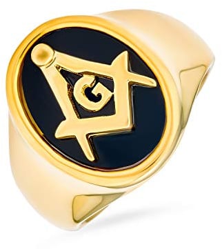 Bling Jewelry Geheimgesellschaft Quadratkompass Schwarzer Oval Herren Siegel Freimaurer Freimaurerring Für Männer 14K Vergoldeter Edelstahl