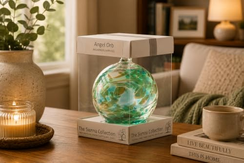 Sienna Glass Angel Orb – 10cm Handcrafted Mouth-Blown Glass Ornament – Archangel Raphael – Healing & Wellbeing – Hanging Window Decoration – Keepsake Gift Boxed with Ribbon