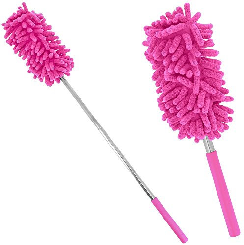Promobo - Plumeau Chenille Télescopique Microfibre Rotatif Anti Poussière Rose