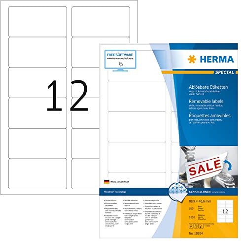 HERMA 10304 Universal Etiketten ablösbar, 100 Blatt, 88,9 x 46,6 mm, 12 pro A4 Bogen, 1200 Stück, selbstklebend, bedruckbar, matt, blanko Papier Klebeetiketten Aufkleber, weiß