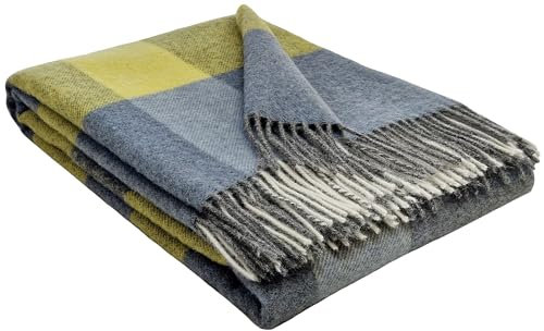 STTS International Wolldecke 100% Schurwolle Wohndecke in versch. Farben Tagesdecke Schurwolldecke Plaid 140 x 200 cm Tirol (Hellblau-Grau-Gelb (Quadrate))