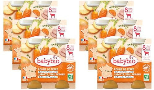 Babybio - Petits Pots Pomme de Terre Carotte Veau Fermier d'Aquitaine du Limousin 2x200g - PACK de 6 - 8 Mois - BIO
