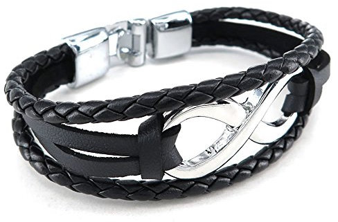 Konov Jewellery Unisex-Armband mit Unendlichkeitssymbol, Leder, Schwarz / silberfarben (mit Geschenkbeutel)