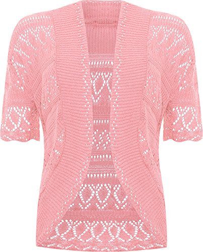 WearAll - Grande Taille Crochet tricoté Bolero Gilet Top à Manches Courts - Rose - 52-54
