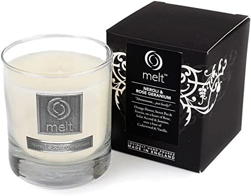 Melt Handpoured 'Neroli & Rose Geranium' Scented Candle in a Luxury Glass jar, White