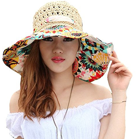 TININNA Damen Frauen Böhmen Faltbar Blumen Sonnenhut Strohhut Sandstrand Sonnenhüte Sommerhut Sommer Hut Sonnenhuete Strand Kappe Strandhut beige EINWEG Verpackung