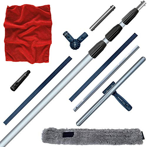 FenWi 6m Teleskop Fensterputzer Profi Set mit Abzieher Gummilippe Microfaser Kombi Fensterwischer 45/50cm Gelenk Alu Teleskopstange 600 cm I für Wintergarten breite Fenster Solaranlagen Reinigung