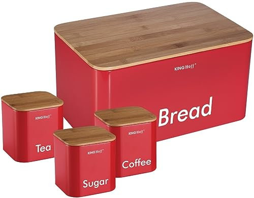 Kinghoff 4-teiliges Aufbewahrungsdosen-Set für die Küche, inklusive Brotkasten, Tee, Kaffee, Zucker, Dosen, Behälter, Vorratsgläser, Töpfe, Rot