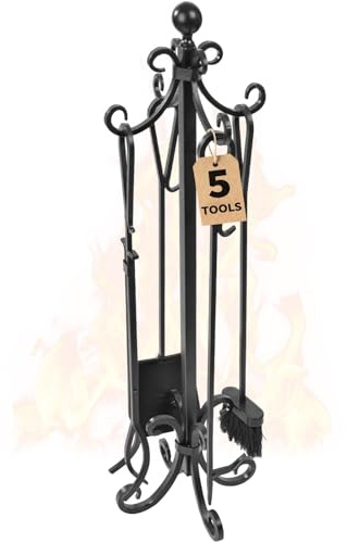 AMAGABELI GARDEN & HOME 5 Pieces Fireplace Tools Set Heavy Duty Black Cast Wrought Iron Tool Set with Log Holder Fire Set Stand Scroll Rustic Antique Accessories Set