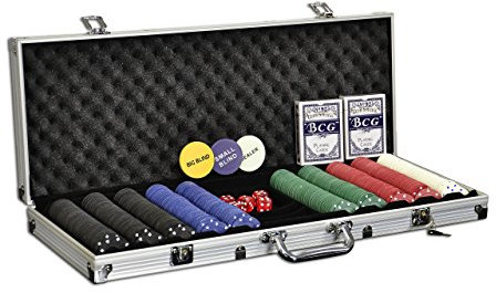 Nexos Trading Pokerkoffer Starter-Poker-Set mit 500 Poker-Chips im Alu Koffer mit 2 Schlüssel Silber inkl. 2 Kartendecks 1 Dealer Button 5 Würfel