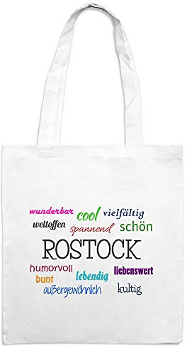 Jutebeutel mit Stadtnamen Rostock - Motiv Positive Eigenschaften - Farbe weiß – Stoffbeutel, Jutesack, Hipster, Beutel