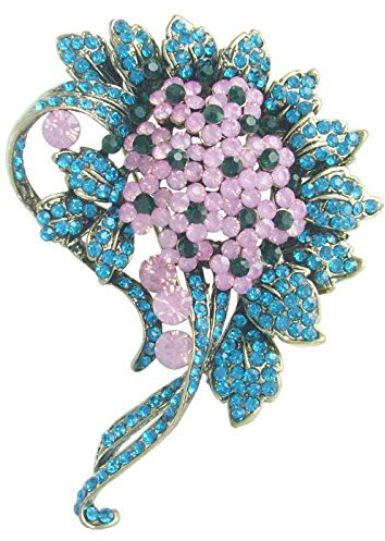 Sindary 8 cm Belle Fleur Broche Doré Turquoise Cristal Autrichien Ukb5842