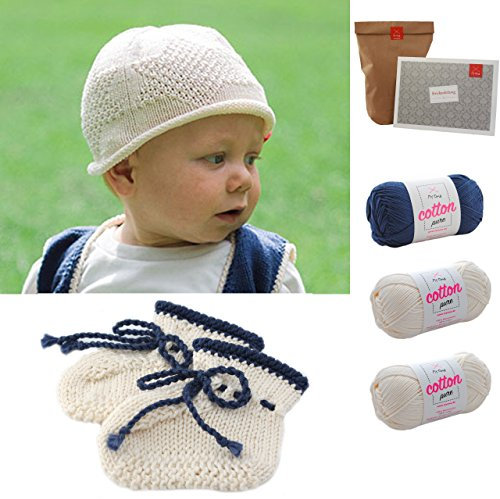 Baby Stricken - Strickset Baby Babysocken + Mütze Sternenhimmel - Babysocken Stricken - Babymütze Stricken – DIY Set: 3 Knäuel Baumwolle Cotton Pure + Strickanleitung – Baby DIY – Strickpackung Baby