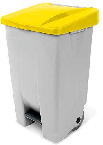 Poubelle à pédale avec roues, capacité 80 litres, HxLxP 740 x 490 x 420 mm, gris corpus, couvercle jaune