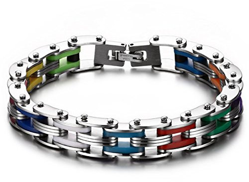 JewelryWe Schmuck Herren Edelstahl Armband, Punk Rock Armkette Handgelenk Fahrradkette 20.7cm, Silber Mehrfarbig