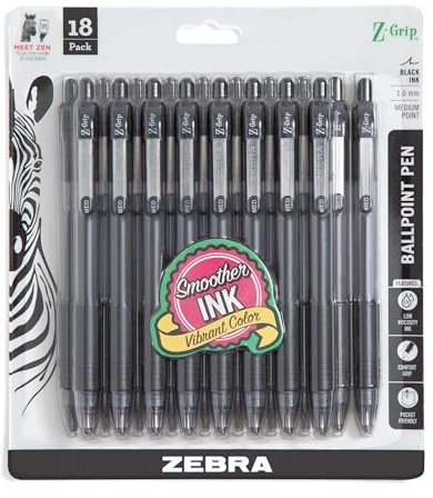 Zebra Pen Z-Grip Retractable Ballpoint Pen, Smooth-Flowing Black Ink, 1.0mm Medium Point, School & Office Supplies, Ideal for Note-Taking, Journal and Planner Use, 18-Pack (22218)