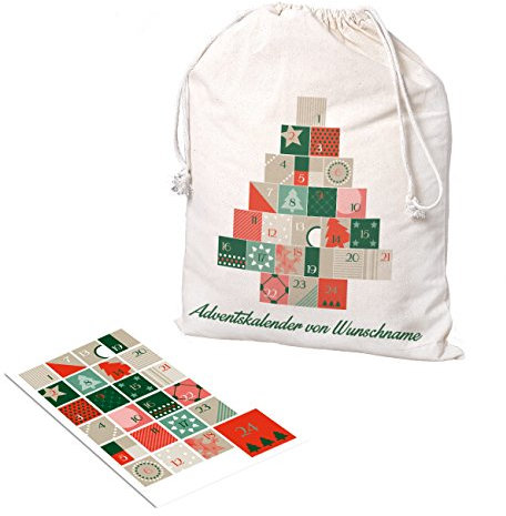 Herz & Heim® Baumwollsack mit 24 Aufklebern als DIY Adventskalender mit Wunschnamen