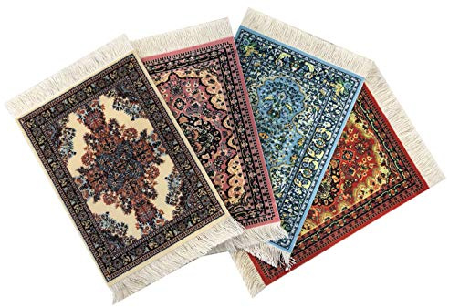 Turkish Rug Coasters Set of 4 – Carpet-Style Drink mats with Fringe, Non-Slip Backing, Decorative Home Accent