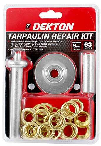 Dekton 63PC Tarpaulin Repair Kit – Includes 3x Drop-Forged Zinc Grommet Punch Set, 30x 1/2 Rust-Proof Brass-Coated Grommets, 30x Rust-Proof Brass-Coated Washers | Ideal for Repairing Tarpaulins