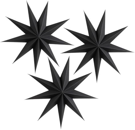 SUNBEAUTY Paper Stars Lanterns, 3PCS 12 Inch 9-Pointed Star Tree Decorations, Funeral Hanging Black Paper Stars, Christmas Wedding Home Decor