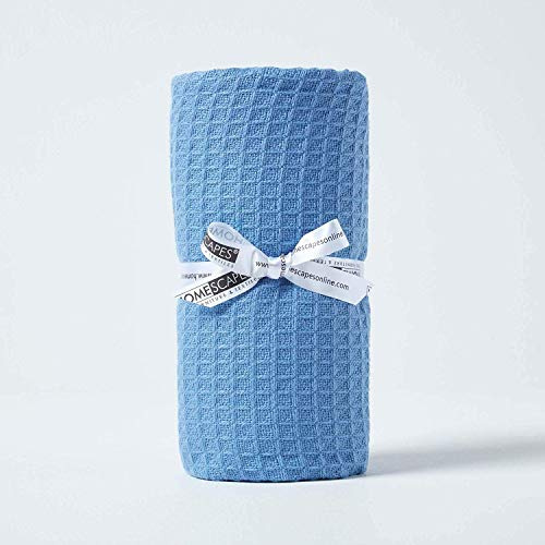 HOMESCAPES - 100% Organic Cotton Waffle Throw - Blue - 125 x 150 cm - Super Soft Combed Cotton