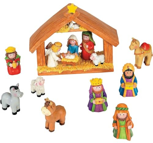 Fun Express Mini Christmas Nativity Set Stable with Jesus Mary Joseph Wisemen - 9 Pieces Red, Blue, Green, Beige, Brown