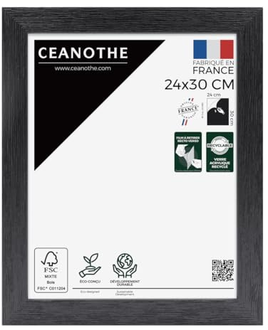 Ceanothe Cadre Photo 24x30 cm Noir Bois FSC Décoratif ConvientA4 Collection Karma Verre acrylique Incassable Fabriqué en France
