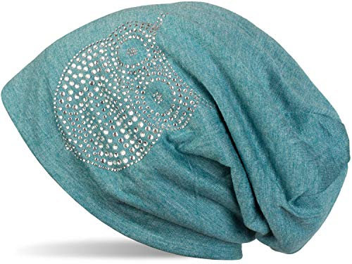 styleBREAKER Klassische Beanie Mütze mit Strass Eulen Applikation, Damen 04024039, Farbe:Petrol-Türkis meliert
