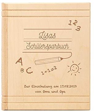 Spardose Buch aus Holz mit Gravur zur Einschulung - Schülersparbuch – Personalisiert mit Namen und Datum – Sparbüchse aus Ahornholz als Geschenk zum Schulanfang