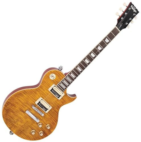 VINTAGE V100AFD E-Gitarre, neu aufgelegt, Bernstein geflammt