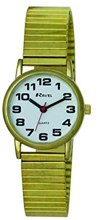 Ravel - Damen-Uhr mit Edelstahl-Expanderarmband mit großen Zahlen und Zeigern - R0208.01.2S - Goldfarbenes/Weißes Zifferblatt