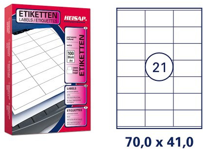 2100 HEISAP Universal Druckeretiketten 70 x 41 mm Aufkleber Weiß permanent selbstklebend Etiketten 100 Bogen A4 HEI012