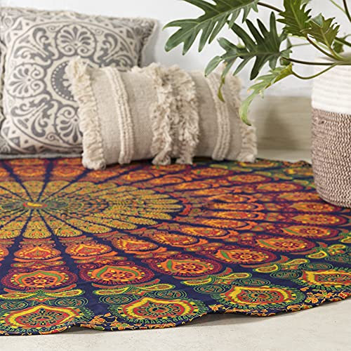 Popular Handicrafts Runder Wandteppich, Hippie-Mandala, Bohemian, Hippie, aufwendig, indisch, Tagesdecke, 178 cm, Blau/Gelb