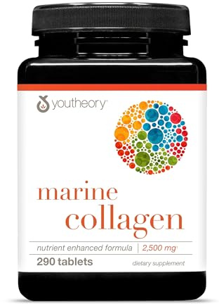 Youtheory Marine Collagen Tablets - 2,500 mg Fish-Sourced Collagen Peptides- with Vitamins A, C, E, B6 & B12 - Supports Joint & Nail Health* - Highly Absorbable - 290 Tablets (58-Day Supply)