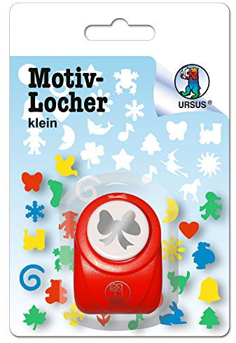 Ursus 19500032 - Motivlocher klein, Schleife, aus rotem Kunststoff mit Metallstanze, Durchmesser ca. 16 mm, für Papierqualitäten von 160-220 g/qm, mit Druckknopffunktion für eine einfache Handhabung