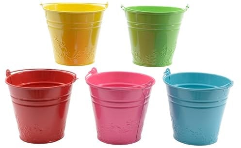 Blumentopf Eimer Zink 10,5cm Innen & Außen Geprägt Bunt 1 Stück sortiert - Balkon und Terrasse - Übertopf Klein Metall - Blumenübertopf Topf