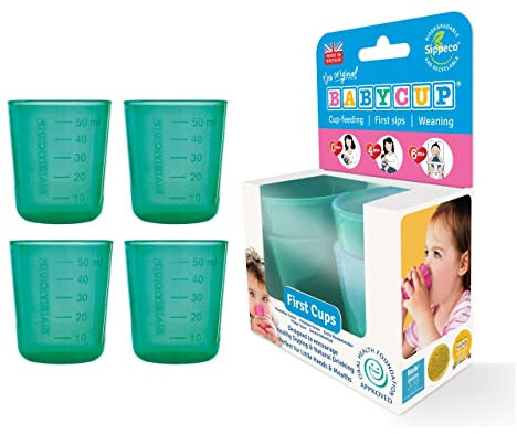 Babycup First Cups – Erste Tasse für Kleinkinder, Kindertrinkbecher 100% recycelbar und biologisch abbaubar, BPA-frei, 4 Stück, 50 ml (Grun)