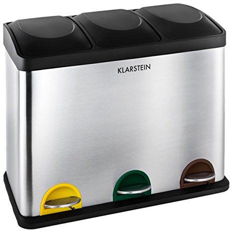 KLARSTEIN Ökosystem - Poubelle de cuisine à pédale en acier inox avec 3 compartiments de 15L pour le tri selectif