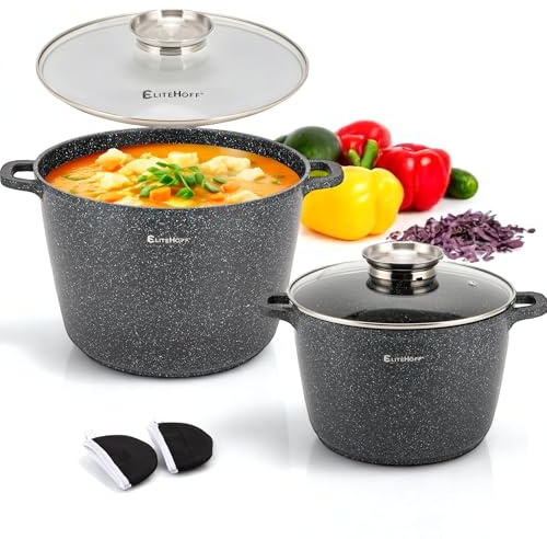 EliteHoff Olla de cocina antiadherente con tapa - Juego de 2 ollas de sopa de aluminio de 24/28 cm (6,5 L + 10,2 L) ollas de mármol grandes para inducción y todo tipo de cocinas (negro)