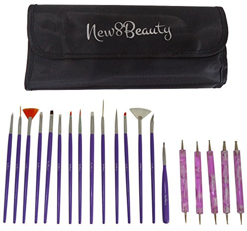 Nail Art Brushes, Dotting Pens Marbling Detailing Painting Striping Tools 20pc Kit Set with Roll-Up Pouch - Best for nail art and facial detailed painting - FREE eBook with Design Idea