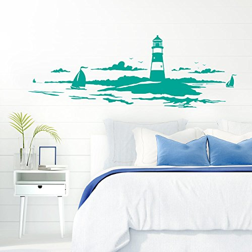 Grandora Skyline Küstenlandschaft Leuchtturm I türkis 90 x 30 cm I Bad Wohnzimmer Schlafzimmer Aufkleber Wandaufkleber Wandsticker Modern W974