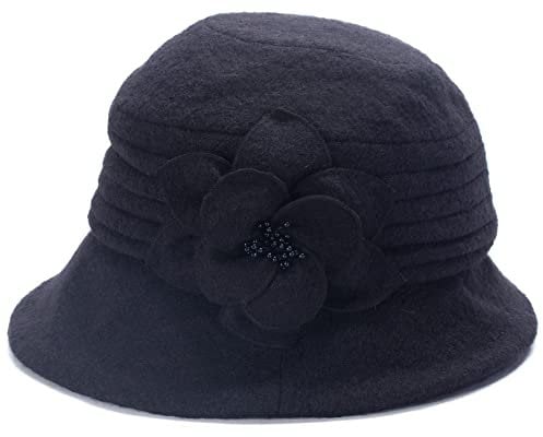 Eleganter, klassischer Damenhut, Cloche, weiche Wolle, mit Blumenapplikation, Winterhut Gr. Einheitsgröße, Schwarz