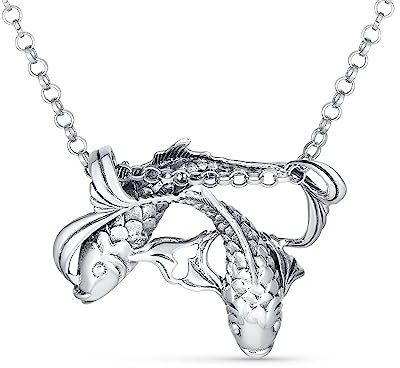 Bling Jewelry Antiqued .925 Sterling Silver Nautical Pisces Water Fish Zodiac Sign Astrology Horoscope Pendant Necklace for Women