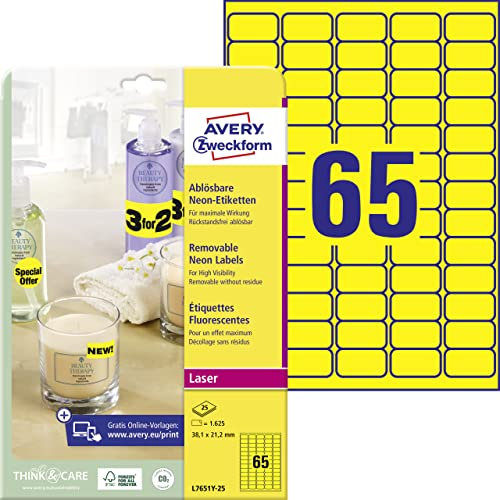 AVERY Zweckform L7651Y-25 leuchtend neongelbe Etiketten (1.650 Aufkleber, 38,1x21,2mm auf A4, selbstklebend, bedruckbar, wiederablösbar, farbige Klebeetiketten zum auffälligen Kennzeichnen) 25 Blatt