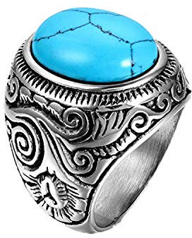 JewelryWe Schmuck Edelstahl Ring künstliche Türkis Silber Blau Motorradfahrer Einzigartig Herren, Größe 62