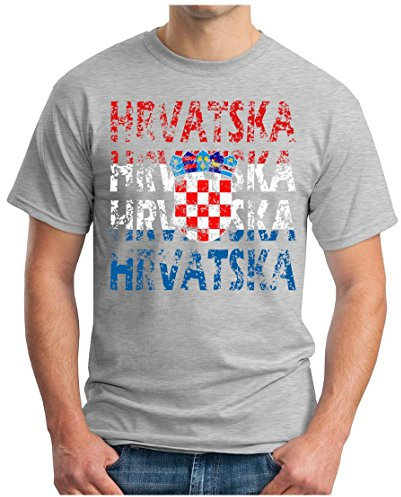 OM3® - Hrvatska - T-Shirt Croatia Kroatien Fussball World Cup Soccer Fanshirt Sport Trikot, 4XL, Grau Meliert