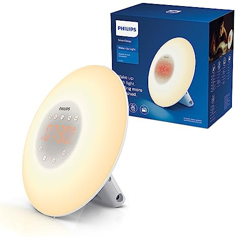 Philips Lichtalarm — Sonnenaufgangssimulation mit 2 natürlichen Geräuschen, FM-Radio, Leselampe, Weckwiederholfunktion (Modell HF3505/01)